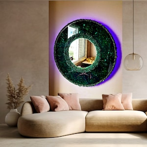 Large Round Emerald Mirror: Handmade Crystal Resin Wall Decor (90cm)