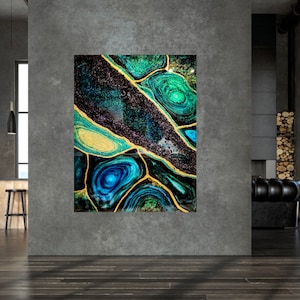 Green Teal Geode Resin Painting: Abstract Glitter Wall Art