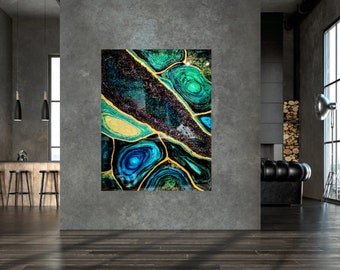 Green Teal Geode Resin Painting: Abstract Glitter Wall Art