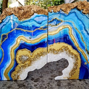 Blue Geode Resin Art Diptych: Ocean-Inspired Epoxy Wall Decor