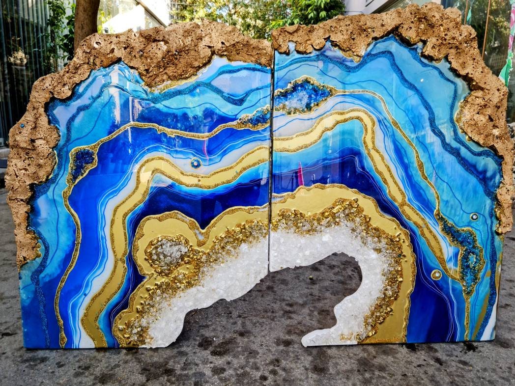 ブルージオード樹脂アート二連画：海をイメージしたエポキシ樹脂壁装飾 