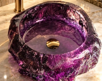 Purple Resin Vessel Sink, Amethyst Crystal Wash Basin, Modern Bathroom Decor