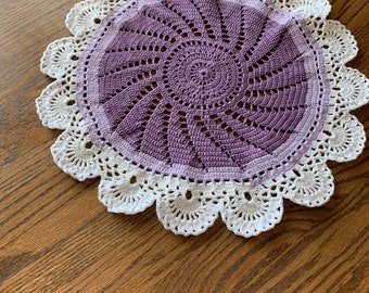 Large hand crocheted Purple and Lavender doily with White edge.