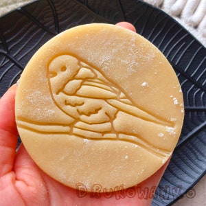 Puede incluir: Primer plano de una masa de galleta redonda de color marrón claro con un diseño de pájaro estampado en la superficie. La masa está ligeramente espolvoreada con azúcar glas.