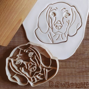 Op de afbeelding: Twee witte plastic koekjesvormen in de vorm van een hondenkop. De vormen liggen op een houten oppervlak. De vorm links is gedetailleerd en heeft een getextureerd oppervlak. De vorm rechts is een eenvoudige omtrek van een hondenkop.