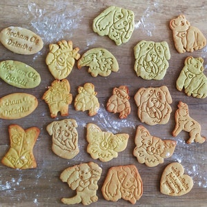 Op de afbeelding: Een verzameling van 18 kleurrijke, handgeschilderde koekjesvormen in verschillende vormen, waaronder dieren, harten en woorden. De vormen zijn gemaakt van lichtbruin deeg en zijn gerangschikt op een houten oppervlak. De woorden op de vormen zijn "kocham cie dzidziu", "kocham cie babciu" en "kocham cie dziadku".