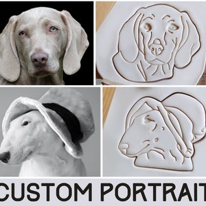 Könnte beinhalten: Drei personalisierte Hunde-Porträt-Ausstecher. Die Ausstecher sind weiß und zeigen einen Greyhound, einen Weimaraner und einen Bullterrier.