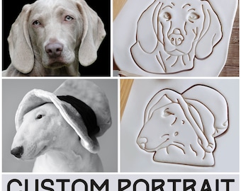 May include: Three custom dog portrait cookie cutters. The cutters are white and feature a greyhound, a Weimaraner, and a bull terrier.