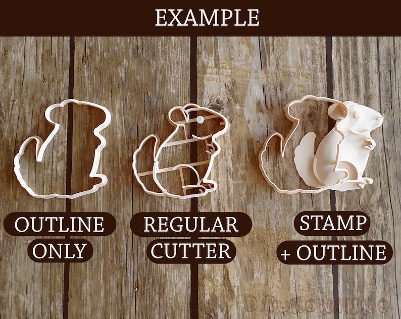 May include: Three cookie cutters in the shape of a chinchilla. The left cutter is an outline only. The middle cutter is a regular cutter. The right cutter is a stamp and outline cutter. The text "EXAMPLE" is at the top of the image. The text "OUTLINE ONLY" is below the left cutter. The text "REGULAR CUTTER" is below the middle cutter. The text "STAMP + OUTLINE" is below the right cutter.