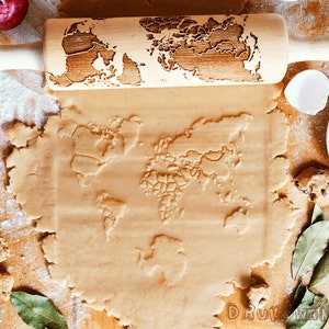 Earth Map Globe Travel Roll Pin Embossé, Biscuits, Biscuit, Rouleau, Gravé au laser, Cadeau, Noël, Fondant, Douché, Biscuit, Pâtisserie