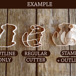 May include: Three cookie cutters in the shape of a chinchilla. The left cutter is an outline only. The middle cutter is a regular cutter. The right cutter is a stamp and outline cutter. The text "EXAMPLE" is at the top of the image. The text "OUTLINE ONLY" is below the left cutter. The text "REGULAR CUTTER" is below the middle cutter. The text "STAMP + OUTLINE" is below the right cutter.