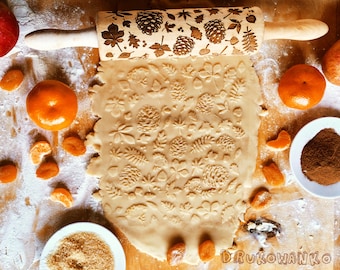Autumn Cone Leaf Rolling Pin Embossed, Cookies, Cookie, Roller, Laser Engraved, Gift, Christmas, Fondant, Dought, Biscuit, Pastry