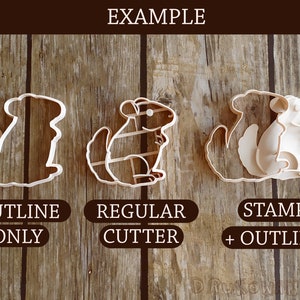 May include: Three cookie cutters in the shape of a chinchilla. The left cutter is an outline only. The middle cutter is a regular cutter. The right cutter is a stamp and outline cutter. The text "EXAMPLE" is at the top of the image. The text "OUTLINE ONLY" is below the left cutter. The text "REGULAR CUTTER" is below the middle cutter. The text "STAMP + OUTLINE" is below the right cutter.