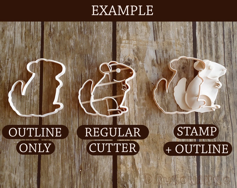 May include: Three cookie cutters in the shape of a chinchilla. The left cutter is an outline only. The middle cutter is a regular cutter. The right cutter is a stamp and outline cutter. The text "EXAMPLE" is at the top of the image. The text "OUTLINE ONLY" is below the left cutter. The text "REGULAR CUTTER" is below the middle cutter. The text "STAMP + OUTLINE" is below the right cutter.