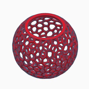Könnte beinhalten: Ein rotes, kugelförmiges Dekorationsobjekt mit einer hohlen, offenen Mitte. Das Objekt besteht aus einem gitterartigen Muster aus miteinander verbundenen Kreisen.