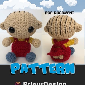 May include: Crochet pattern PDF document for an amigurumi doll. The doll is beige with black hair, wearing a red and yellow outfit. The pattern is labelled "PrieurDesign CROCHET Pattern" and has an intermediate difficulty level.