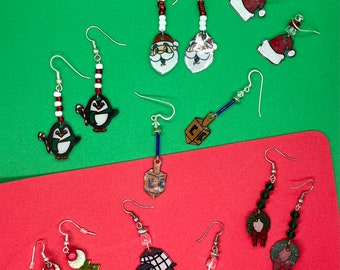 Stocking Stuffer Holiday Themed Handmade Jewelry/Shrink Plastic Hand Drawn Christmas and Hanukkah Accessories/Gift Ideas for Women and Girls