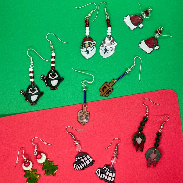 Stocking Stuffer Holiday Themed Handmade Jewelry/Shrink Plastic Hand Drawn Christmas and Hanukkah Accessories/Gift Ideas for Women and Girls