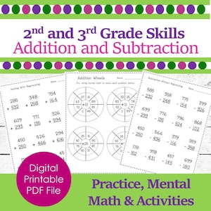 Puede incluir: Archivo PDF imprimible digital para habilidades de 2º y 3º grado en suma y resta. Incluye hojas de trabajo con ruedas de suma y problemas de resta. Presenta acentos coloridos y el texto "Practice, Mental Math & Activities."