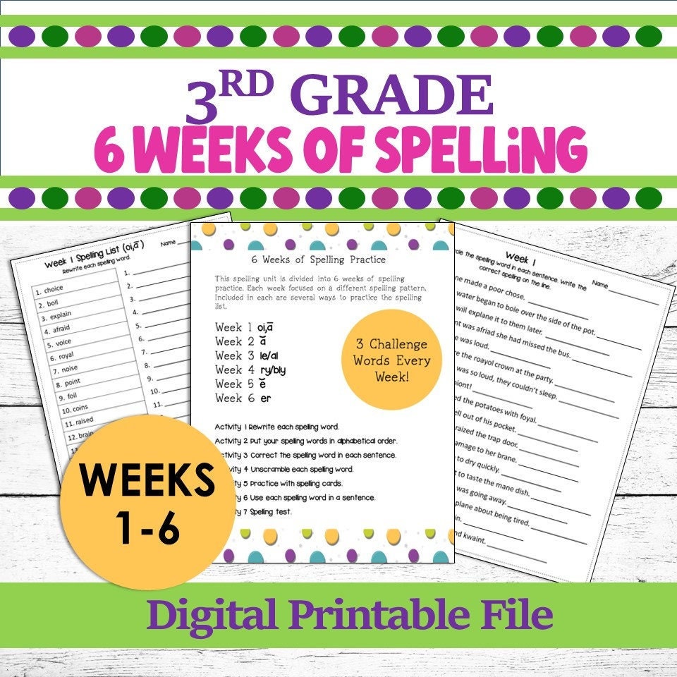 3rd Grade Spelling Worksheets/ 6 Weeks of Spelling Lists Activities  Worksheets and Tests/weeks 1-6 