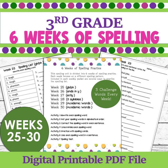 3rd grade spelling worksheets 6 weeks of spelling lists etsy