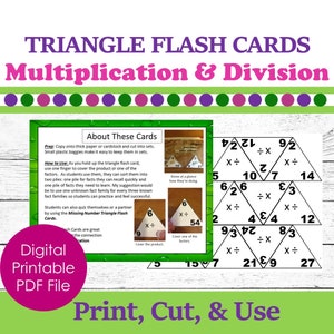 Puede incluir: Un conjunto de tarjetas de memoria triangulares imprimibles para la multiplicación y la división. Las tarjetas presentan un triángulo con tres números, uno de los cuales está cubierto. Las instrucciones explican cómo usar las tarjetas para practicar las tablas de multiplicar y dividir.
