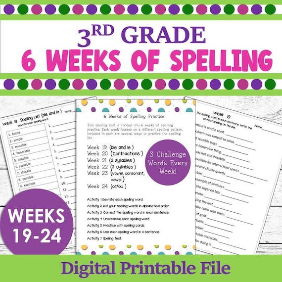 3rd grade spelling worksheets 6 weeks of spelling lists etsy