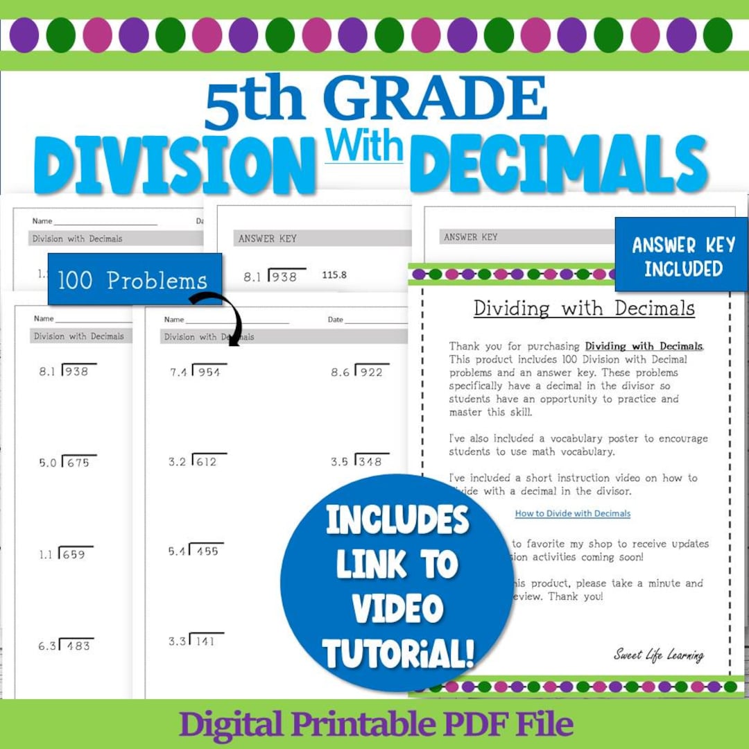 Dividing With Decimal Worksheets: 5th Grade Math Activity, Decimal ...