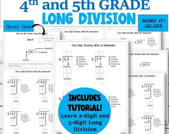 Hojas de ejercicios de división larga: Actividad de matemáticas para 4.º y 5.º grado