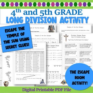 Könnte beinhalten: Eine digitale, druckbare PDF-Datei für eine Langdivisionsaktivität der 4. und 5. Klasse. Das Arbeitsblatt hat ein Escape-Room-Thema mit Hinweisen und Problemen. Enthält den Text "Entkomme dem Sonnentempel mit geheimen Hinweisen!"