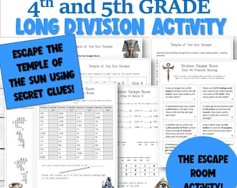Actividad de Escape Room de División Larga para 4º y 5º grado / Hojas de trabajo de división y práctica de reglas de divisibilidad