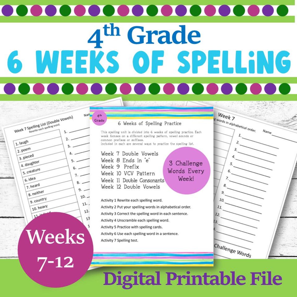 4th Grade Spelling Worksheets: Weeks 7-12 Activities (digital Download ...