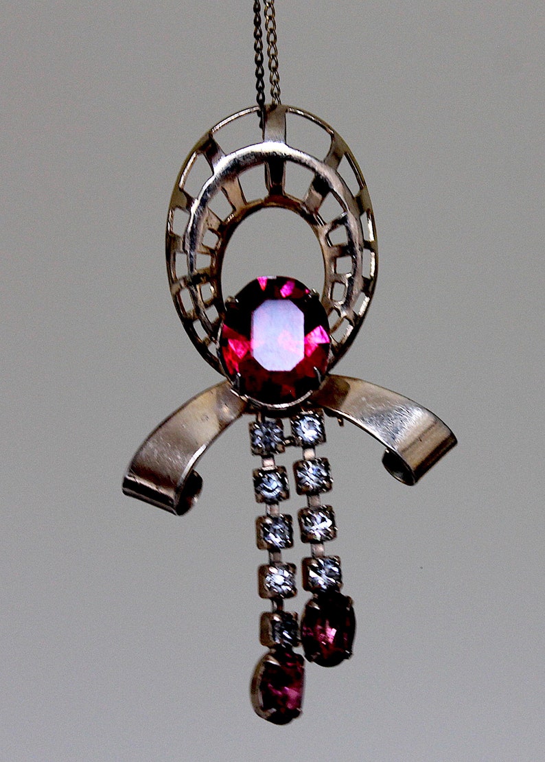 1940/'s Scitarelli Gilded Metal Brooch Pendant Amethystine Garnet Octagon Facetted Rhinestones Ice Clear Chatons Includes Fine Chain