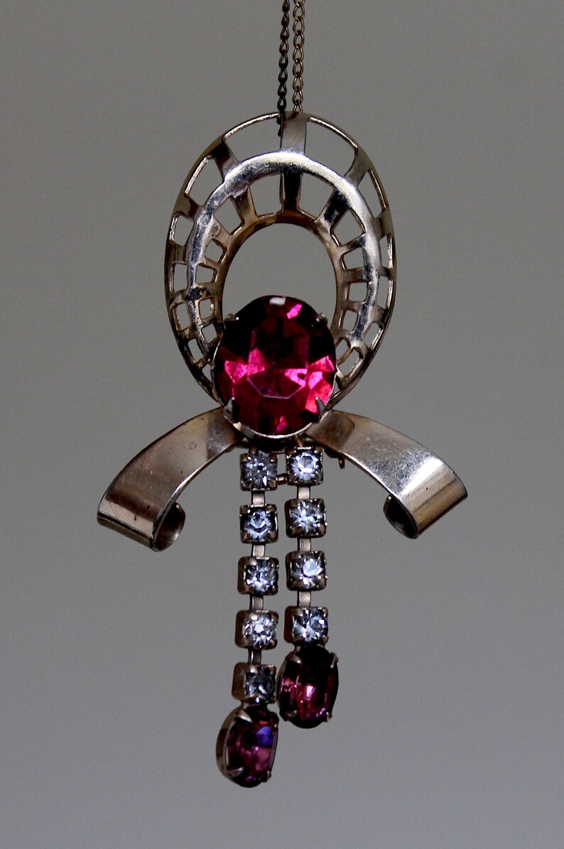 1940/'s Scitarelli Gilded Metal Brooch Pendant Amethystine Garnet Octagon Facetted Rhinestones Ice Clear Chatons Includes Fine Chain