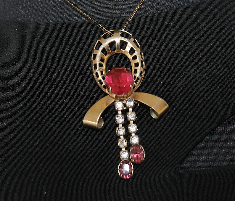 1940/'s Scitarelli Gilded Metal Brooch Pendant Amethystine Garnet Octagon Facetted Rhinestones Ice Clear Chatons Includes Fine Chain