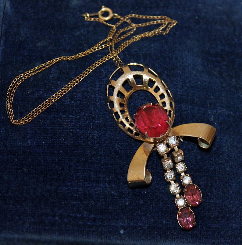 1940/'s Scitarelli Gilded Metal Brooch Pendant Amethystine Garnet Octagon Facetted Rhinestones Ice Clear Chatons Includes Fine Chain