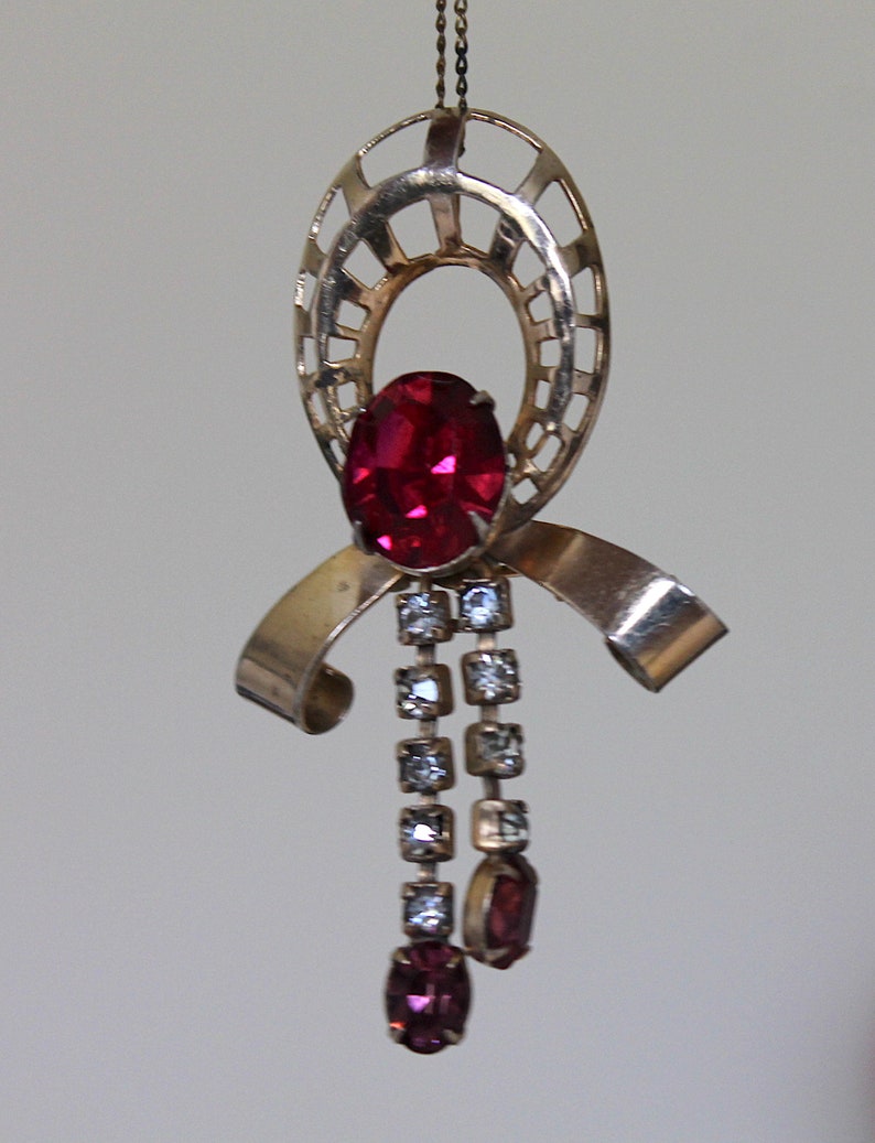 1940/'s Scitarelli Gilded Metal Brooch Pendant Amethystine Garnet Octagon Facetted Rhinestones Ice Clear Chatons Includes Fine Chain
