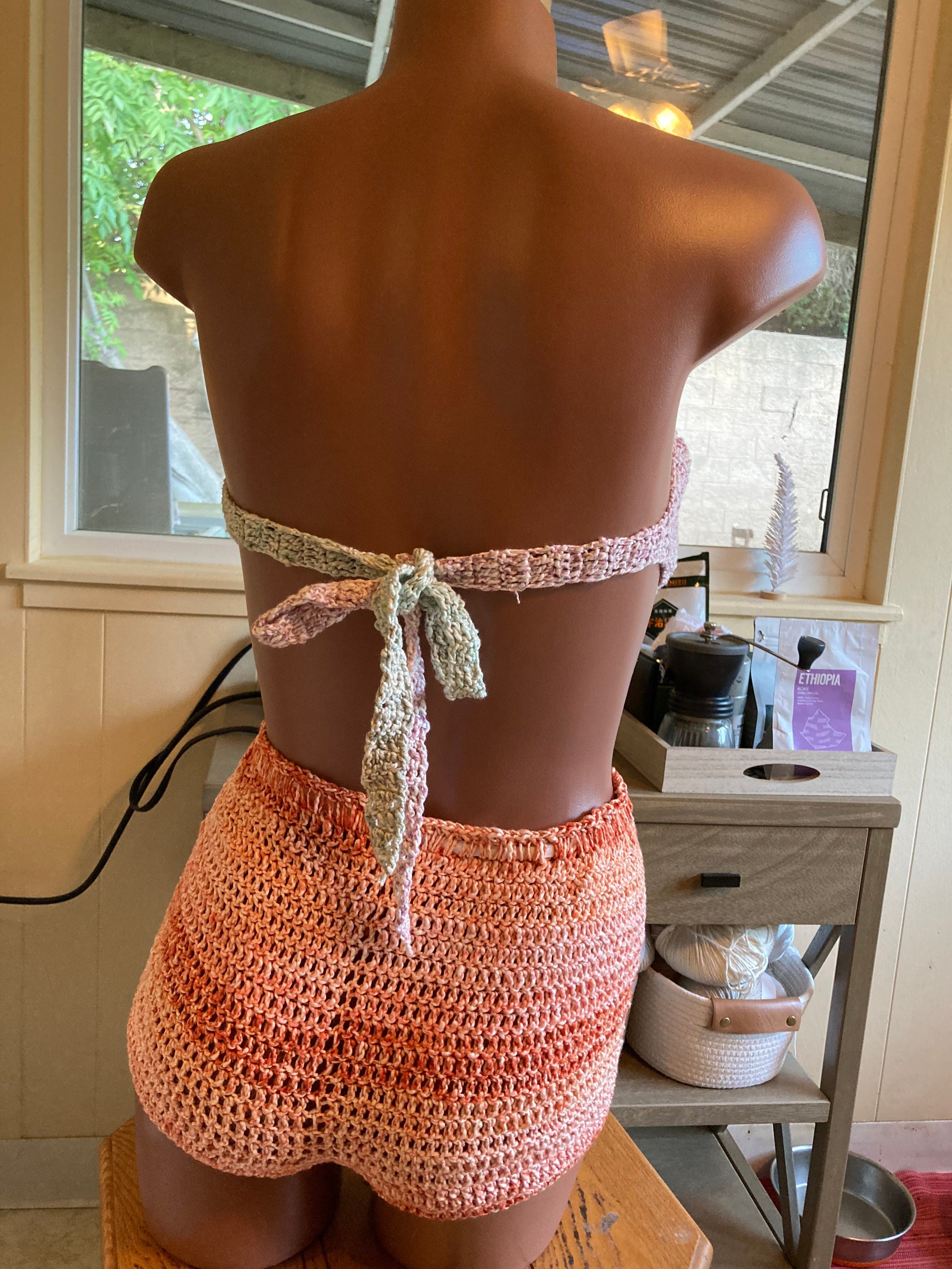 Crocheted Knit Bandeau Halter Bikini Set With Ruched Floral Mini Skirt - White