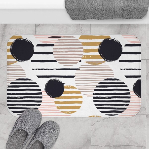 Trendy Abstract Microfiber Bath Mat, Black, Pink Gold Bathmat, Matching Shower Curtain, Soft Bath Mat
