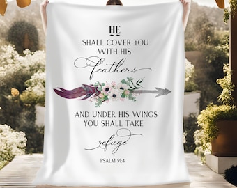 He Will Cover You With His Feathers Velveteen Blanket, Thinking of You Gift, Religious Quote Blanket, Gift for Woman, Minky Soft Blanket
