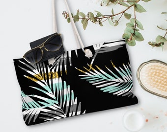 Trendy Palm Tree Weekender Tote Bag, Gorgeous Black and Teal Vacation or Beach Tote, Travel Tote for Her