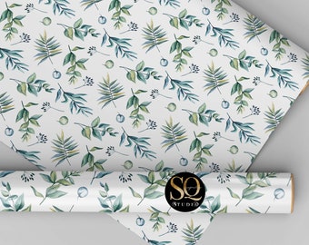 Beautiful Blue Green Leaf Wrapping Paper on roll,  Unique Floral Gift Wrap, Elegant Premium Paper Wrap