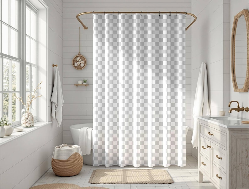Modern Checker Shower Curtain, Trendy Bath Curtain, Housewarming Gift, Bathroom Decor, Checkered Curtain image 1