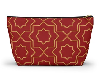 Modern Elegant Red and Gold Makeup Pouch, Abstract Design Accessory Pouch, Pencil Case, Travel Kit, Medicine Pouch, Work Case