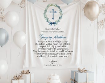 May include: A white banner with a blue watercolor wreath and cross, with the text "Heavenly Father. welcome your precious child Gregory Matthew into your love and light today. Bless him with a heart full of faith, a spirit full of joy, and a life overflowing with your grace. May he grow in wisdom and kindness. Watch over him always, dear Lord, and keep him safe in your care. Amen Baptized August 11, 2024".
