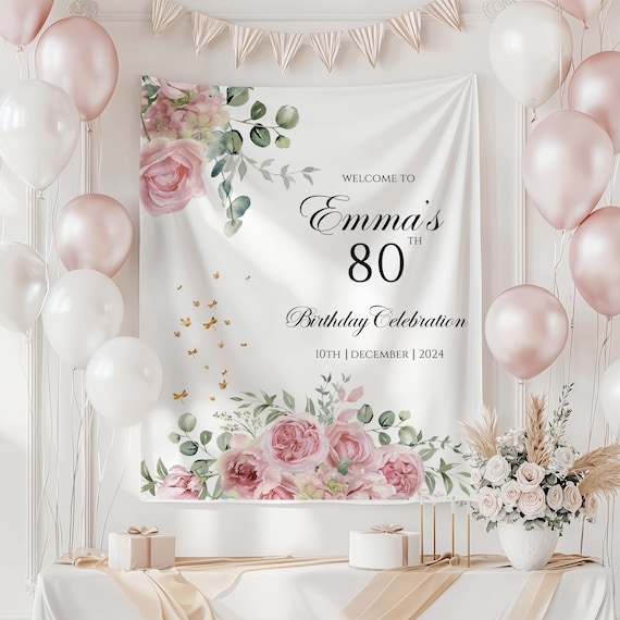 Personalized Pink and Green Floral Birthday Tapestry, Party Backdrop, Custom Banner, Birthday Sign, Birthday Photo Prop