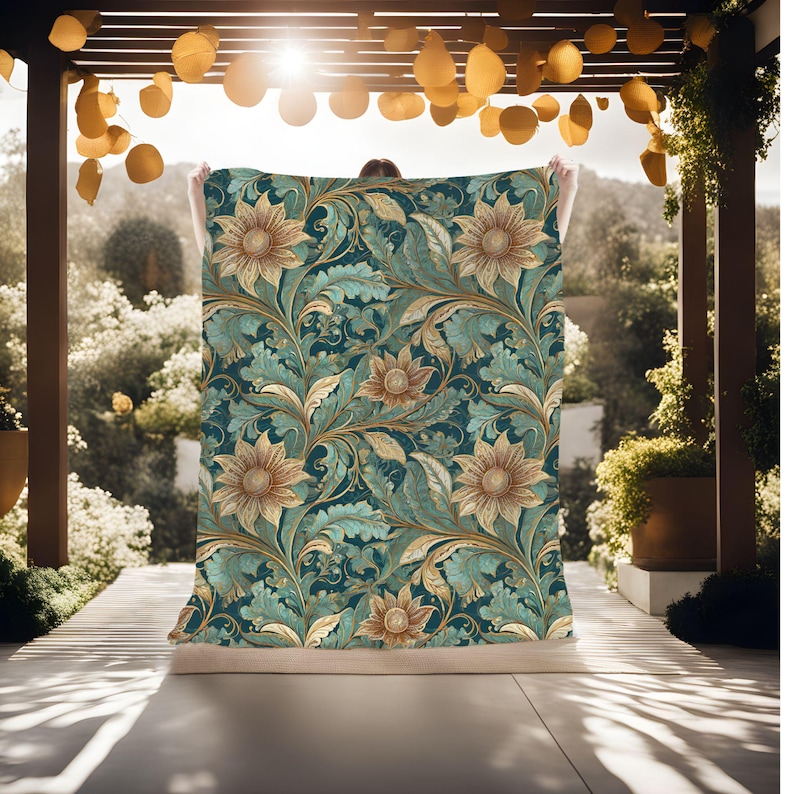 May include: A teal blue fabric with a gold and green floral pattern featuring stylized sunflowers. The fabric has a vintage aesthetic.