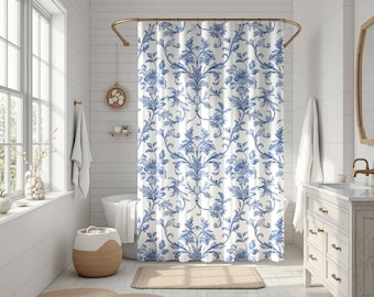 Elegant Blue Toile Shower Curtain, Trendy Sophisticated Shower Curtain, Mildew resistant