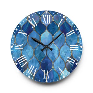 Gorgeous Faux Blue Stained Glass Effect Clock, Blue, Gold White Clock, Modern Clock, Housewarming Gift, Home Decor Gift