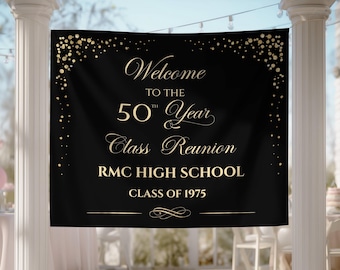Personalized Class Reunion Banner, Black Gold Tapestry, Custom School Event Sign